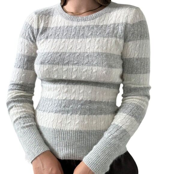 Womens Angora Wool Blend Gray White Striped Fuzzy Soft Preppy Sweater Sz M - Picture 6 of 8